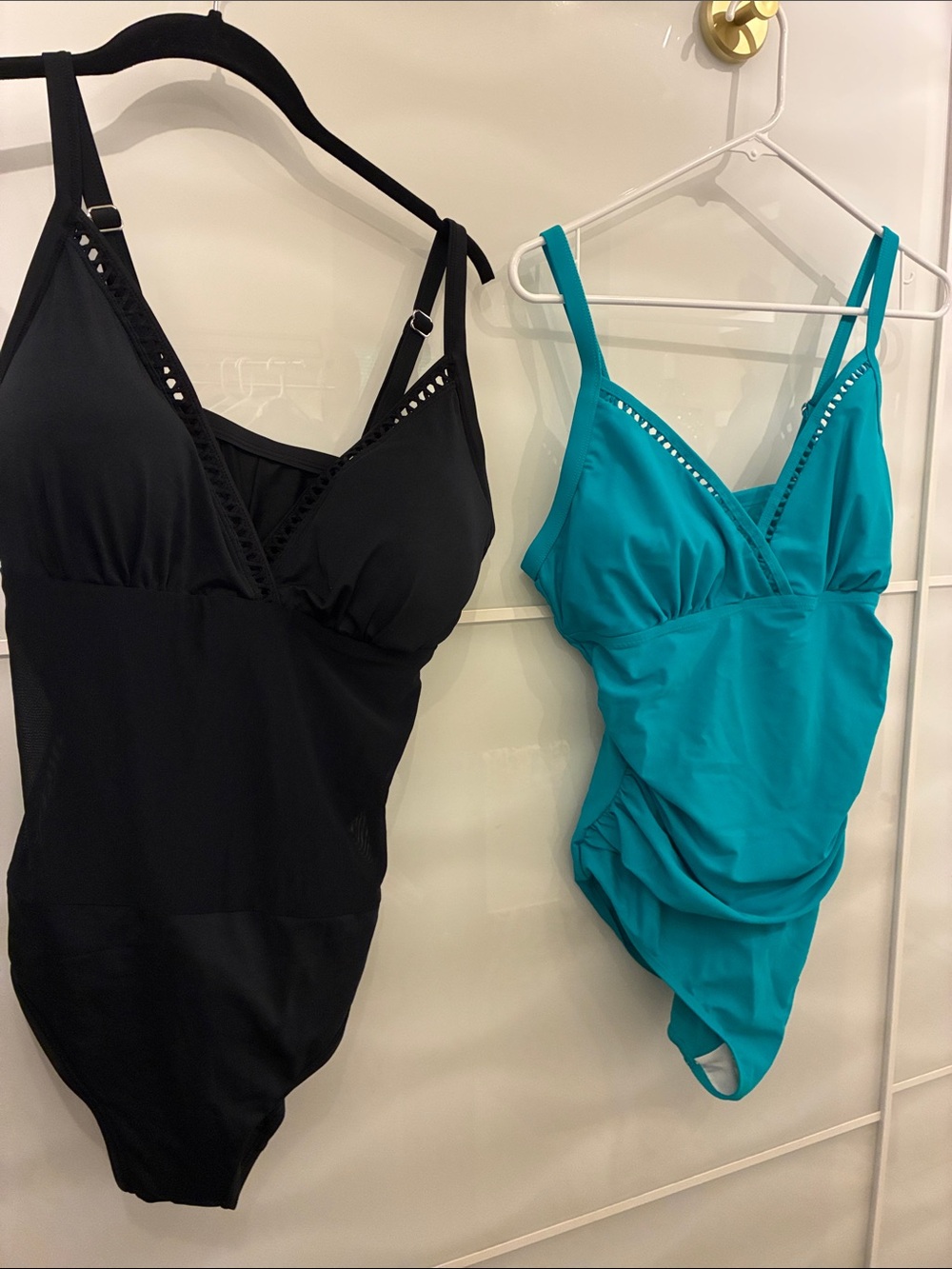 One Black and one Turquoise V-Neck One-Piece Swimsuit with Laser-Cut Trim